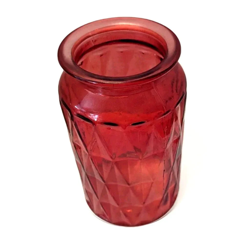 Boutique Diamond Vase Ruby Red Color Glass Jar Geometric Pattern 7 x 4-inch Gift